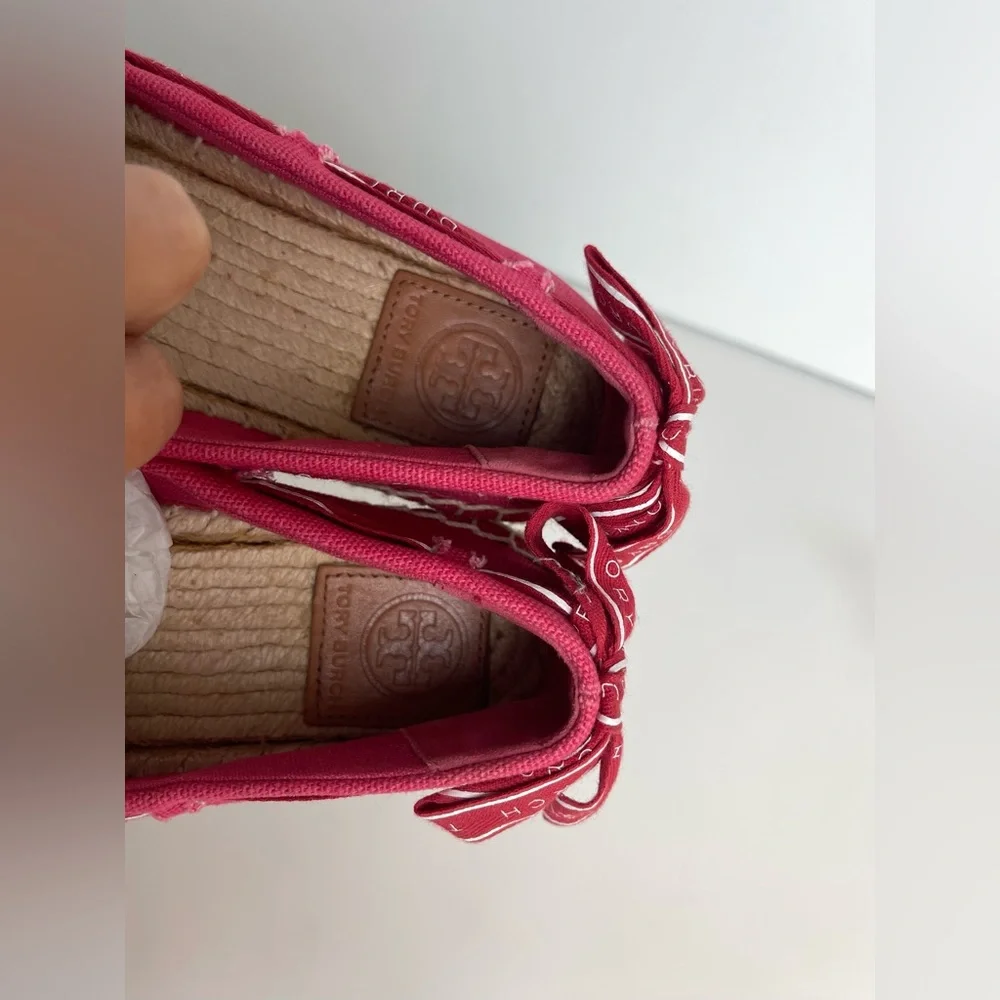 Tory Burch Grosgrains Crisscross Logo Ribbon Espadrilles Flats Red Size 5.5